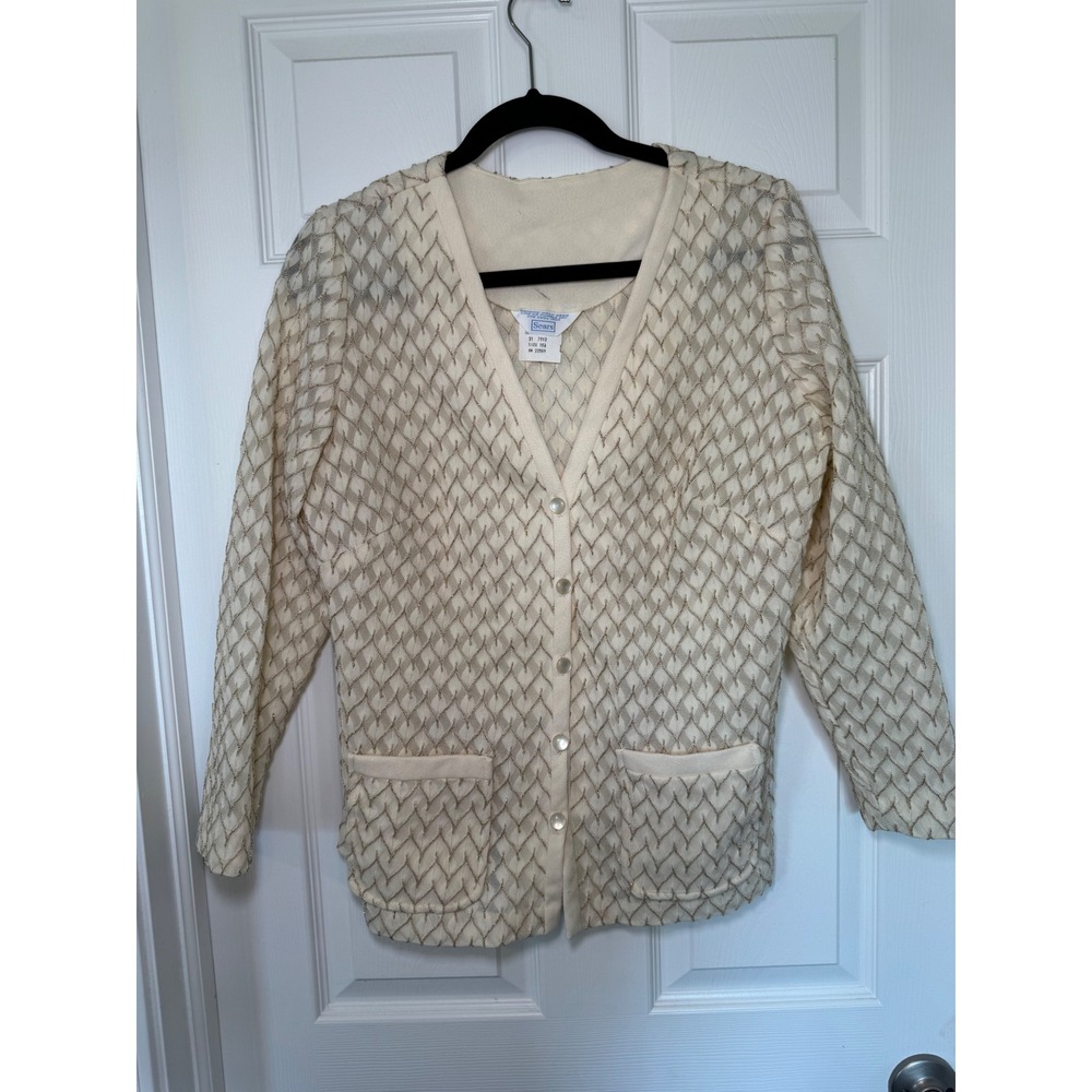 Vintage Sears Cream Gold Metallic Knit Cardigan Sweater Size 16.5 Retro 60s 70s